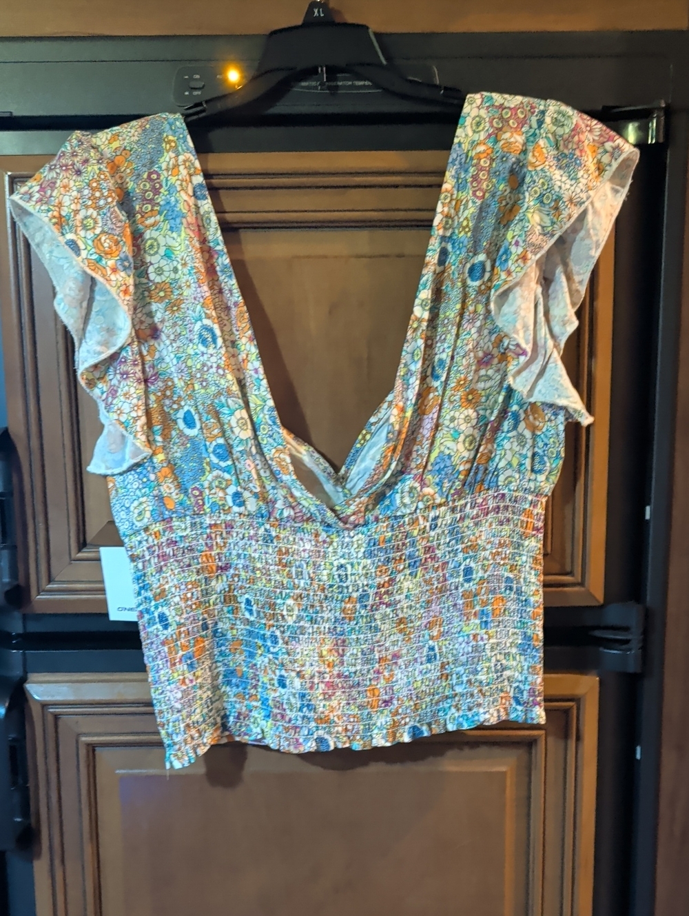 O'Neill Floral V-Neck Ruffle Sleeve Blouse - Blue, Orange, White - Picture 3 of 4